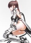  1girl armor armored_boots ass bangs black_legwear black_leotard boots breasts brown_eyes brown_hair gradient gradient_background kfr large_breasts leotard long_hair looking_at_viewer looking_back lying mecha_musume on_side original ponytail sidelocks solo thigh-highs thighs 