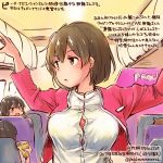  3girls :d airplane_interior breasts brown_eyes brown_hair buttons check_commentary colored_pencil_(medium) commentary_request dated flight_attendant fubuki_(kantai_collection) hair_between_eyes hatsuyuki_(kantai_collection) hiryuu_(kantai_collection) kantai_collection kirisawa_juuzou large_breasts long_sleeves multiple_girls numbered open_mouth peach_(airline) pink_jacket shirt short_hair short_ponytail smile traditional_media translation_request twitter_username white_shirt 