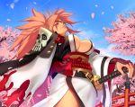  1girl amputee baiken breasts eyepatch facial_tattoo from_below guilty_gear hand_on_hilt highres japanese_clothes katana kimono large_breasts long_hair mouth_hold no_bra obi ogami one-eyed open_clothes open_kimono pink_eyes pink_hair ponytail sash scar scar_across_eye sheath sheathed solo straw strut sword tattoo weapon 