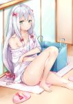  &gt;:t 1girl :t adrenaline!!! aqua_eyes bangs barefoot basket blue_panties blush bow closed_mouth clothes_writing collarbone commentary_request copyright_name eromanga_sensei eyebrows_visible_through_hair feet hair_bow highres izumi_sagiri knee_up long_hair looking_at_viewer low-tied_long_hair off_shoulder panties pink_bow polka_dot polka_dot_panties pout shoes_removed short_sleeves silver_hair sitting slippers_removed solo thighs underwear yoshida_iyo 