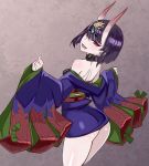  1girl ass back blush breasts choker commentary_request fang fate/grand_order fate_(series) honjou_raita horns japanese_clothes kimono looking_at_viewer off_shoulder oni oni_horns open_mouth purple_hair shiny shiny_hair shiny_skin short_hair shoulder_blades shuten_douji_(fate/grand_order) sketch smile solo violet_eyes wide_sleeves 