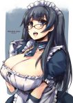  1girl adapted_costume agano_(kantai_collection) alternate_costume apron bespectacled black_hair breasts cleavage collarbone dated dress enmaided frills glasses gloves huge_breasts kantai_collection long_hair maid maid_apron maid_headdress necktie open_mouth puffy_sleeves red-framed_eyewear shinshin smile solo twitter_username 