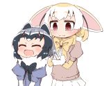  2girls :d ^_^ animal_ears black_hair blonde_hair blue_shirt blush brown_eyes closed_eyes closed_mouth commentary_request common_raccoon_(kemono_friends) eyebrows_visible_through_hair fennec_(kemono_friends) fox_ears fur_collar gloves grey_hair happy kemono_friends looking_at_another multicolored_hair multiple_girls open_mouth pink_sweater puffy_sleeves raccoon_ears shirt simple_background skirt smile sweater thick_eyebrows toshi_mellow-pretty white_background white_gloves white_hair white_skirt 