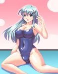  1girl aqua_eyes aqua_hair blush breasts competition_school_swimsuit easily hair_ornament hairclip kantai_collection large_breasts long_hair looking_at_viewer one-piece_swimsuit open_mouth school_swimsuit smile solo suzuya_(kantai_collection) swimsuit 