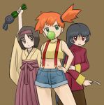  3girls arm_up bangs black_hair blood blunt_bangs brown_background brown_eyes commentary_request erika_(pokemon) green_eyes gym_leader hairband hand_on_hip holding japanese_clothes kasumi_(pokemon) long_hair looking_at_viewer midriff multiple_girls nakaba natsume_(pokemon) navel oddish open_mouth orange_hair parted_lips pokemon pokemon_(anime) pokemon_(game) pokemon_frlg pokemon_rgby red_eyes shorts side_ponytail spoon standing suspenders sweatdrop tank_top 