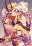  1girl blonde_hair breasts claws earrings facial_mark fate/grand_order fate_(series) highres horns ibaraki_douji_(fate/grand_order) japanese_clothes jewelry kimono long_hair looking_at_viewer natsutora oni oni_horns pointy_ears solo sword tattoo weapon yellow_eyes 