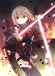  1girl ahoge armor black_gloves blonde_hair blurry blurry_background braid cape dual_wielding energy_sword excalibur expressionless fate_(series) french_braid gloves heroine_x heroine_x_(alter) highres holding holding_weapon iroha_(shiki) long_sleeves saber sword thigh-highs weapon yellow_eyes 