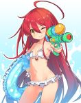  1girl ;) ahoge bikini brown_eyes contrapposto cowboy_shot flat_chest gluteal_fold innertube jewelry long_hair looking_at_viewer navel necklace one_eye_closed pendant redhead roke shakugan_no_shana shana simple_background smile solo swimsuit very_long_hair water_gun white_bikini wrist_cuffs 