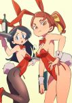  &gt;:o 2girls :o animal_ears bangs barbara_(little_witch_academia) black_hair blue_eyes bokujoukun bow bowtie breasts brown_eyes brown_legwear bunny_girl bunny_tail cleavage cup detached_collar drinking_glass fake_animal_ears hair_ribbon hairband hand_on_hip hanna_(little_witch_academia) high_heels leaning_forward leotard little_witch_academia looking_at_viewer medium_breasts multiple_girls orange_hair pantyhose parted_bangs ponytail protected_link rabbit_ears ribbon simple_background standing standing_on_one_leg tail tray wine_glass wrist_cuffs 