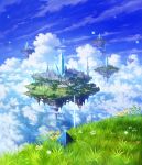  blurry checkered city clouds cloudy_sky crystal depth_of_field fantasy floating_island flower grass highres landscape light_particles makkou_4 no_humans original pyramid river scenery sky tower water waterfall 
