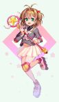  1girl absurdres antenna_hair brown_hair card_captor_sakura doyoom green_eyes hair_bobbles hair_ornament highres hoshi_no_tsue inline_skates kinomoto_sakura knee_pads open_mouth pleated_skirt roller_skates school_uniform serafuku skates skirt smile staff twintails 