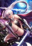  1girl black_gloves blue_eyes breasts building cape cleavage dual_wielding elbow_gloves fingerless_gloves gloves granatha_eternal looking_at_viewer midair mingjeung_seo moon night outdoors red_cape solo sword thigh_strap weapon white_hair 