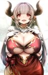 1girl alicia_(granblue_fantasy) blush breast_suppress breasts center_opening cleavage cleavage_cutout curvy dated doraf dress earrings eyebrows_visible_through_hair gloves granblue_fantasy hands_on_own_chest highres horns huge_breasts jewelry long_hair looking_at_viewer open_mouth pointy_ears red_eyes silver_hair simple_background solo souryu white_background white_gloves wide_hips 