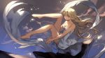  1girl bare_legs bare_shoulders barefoot blonde_hair breasts cleavage clouds collarbone dress flying hands_together highres lee_hyeseung long_legs looking_at_viewer original sidelocks sky smile solo white_dress yellow_eyes 