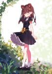  1girl animal_ears arms_behind_back bear_ears bear_tail black_dress blush brown_eyes brown_hair dress highres long_hair makiss012_ak mary_janes nature original outdoors shoes socks solo tail 