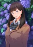  1girl arms_at_sides artist_name bangs blue_eyes blurry breast_pocket brown_hair collared_shirt depth_of_field eyebrows_visible_through_hair flower hydrangea long_hair looking_at_viewer nanahime_(aoi) original parted_lips pocket school_uniform shirt signature solo upper_body 