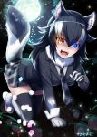  1girl all_fours angry animal_ears black_hair blue_eyes blush breasts fangs full_body fur_collar gloves glowing glowing_eyes grey_wolf_(kemono_friends) heterochromia highres kemono_friends large_breasts long_hair long_sleeves looking_at_viewer moon multicolored_hair nature necktie omoomomo open_mouth skirt solo tail two-tone_hair wolf_ears wolf_tail yellow_eyes 