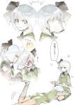  2girls akihira_fujinohara blue_eyes bow covered_eyes hair_bow katana konpaku_youmu konpaku_youmu_(ghost) lying multiple_girls on_stomach open_mouth short_hair sword touhou translation_request weapon white_hair 