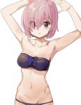  1girl arm armpits arms_up bandeau bare_arms bare_shoulders bikini black_bikini black_bow black_swimsuit bow breasts c: closed_mouth collarbone eyebrows_visible_through_hair eyes_visible_through_hair fate/grand_order fate_(series) female groin hair_over_one_eye highres lavender_hair looking_at_viewer medium_breasts midriff mound_of_venus navel neck shielder_(fate/grand_order) shiny shiny_hair short_hair shoulders shovelwell simple_background smile solo standing strapless strapless_bikini strapless_swimsuit swimsuit type-moon violet_eyes white_background 