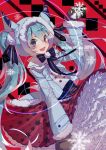  1girl blue_bow blue_eyes blue_hair blue_ribbon blush bow coat fangs hatsune_miku highres long_sleeves mittens open_mouth ribbon smile snowflakes solo twintails vocaloid zhibuji_loom 
