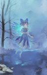  1girl blue_dress blue_eyes blue_hair cirno dated dress expressionless hair_ribbon highres ice ice_wings ribbon shihou_(g-o-s) short_hair short_sleeves signature solo touhou wings 