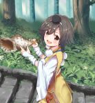  1girl brown_hair commentary_request conch daihouji_(oshiro_project) dargo forest japanese_clothes looking_at_viewer nature oshiro_project oshiro_project_re seashell shell short_hair solo 