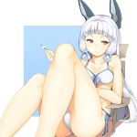  1girl bangs bikini blue_ribbon blunt_bangs chair food hair_ribbon headgear jpeg_artifacts kantai_collection linnkou long_hair lounge_chair murakumo_(kantai_collection) orange_eyes popsicle ribbon side-tie_bikini sitting solo swimsuit tress_ribbon white_bikini white_hair 