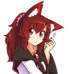  1girl alternate_hairstyle animal_ears brooch brown_hair dress hair_ornament hair_scrunchie imaizumi_kagerou jewelry long_hair looking_at_viewer ponytail red_eyes scrunchie simple_background solo touhou upper_body white_background wolf_ears wool_(miwol) 