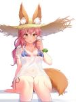  1girl animal_ears arm_at_side bangs bare_arms bare_legs bare_shoulders bikini bikini_under_clothes blue_bikini bracelet breasts brown_eyes brown_hat cleavage collarbone ears_through_headwear eyebrows_visible_through_hair fate/extra fate_(series) food foreshortening fox_ears fox_tail hair_tie hat highres holding holding_food ice_cream ice_cream_cone jewelry long_hair looking_at_viewer low-tied_long_hair low_ponytail medium_breasts melting narynn orange_ribbon pink_hair ribbon see-through shiny shiny_skin shirt short_sleeves side-tie_bikini simple_background soaking_feet solo straw_hat string_bikini swimsuit tail tamamo_(fate)_(all) tamamo_no_mae_(swimsuit_lancer)_(fate) tsurime water water_drop wet wet_clothes wet_shirt white_background white_shirt 