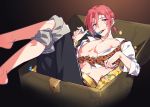  1boy barefoot blush coin free! gold gradient gradient_background jewelry legs_crossed long_sleeves looking_at_viewer male_focus matsuoka_rin midriff necklace nipples pearl_necklace pectorals pirate red_eyes redhead sharp_teeth siruphial sitting smile solo teeth treasure_chest 