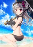  1girl absurdres ass barefoot beach bikini black_bikini black_gloves day drill_hair fisheye frilled_bikini frills gloves hairband highres idolmaster idolmaster_cinderella_girls kanzaki_ranko kurut long_hair looking_at_viewer parasol red_eyes silver_hair sitting smile solo sun swimsuit twin_drills twintails twitter_username umbrella wariza 