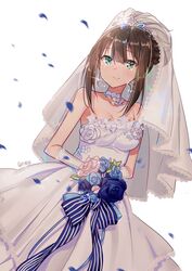  1girl artist_name bangs bare_shoulders blue_rose blunt_bangs blurry blush bouquet breasts bridal_veil bride brown_hair cleavage closed_mouth collarbone cowboy_shot crying crying_with_eyes_open dress dutch_angle earrings elbow_gloves eyebrows_visible_through_hair flower glint gloves green_eyes happy_tears highres holding holding_bouquet idolmaster idolmaster_cinderella_girls jewelry jewriel lace lace-trimmed_dress lace_trim looking_at_viewer medium_breasts motion_blur necklace petals pink_rose rose shibuya_rin sidelocks simple_background smile solo sparkle standing strapless strapless_dress tears tiara veil wedding_dress white_background white_choker white_dress white_gloves white_rose 