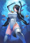  1girl air_bubble arms_up bangs bird_tail black_gloves black_hair black_jacket blue_eyes breasts bubble closed_mouth day emperor_penguin_(kemono_friends) erect_nipples fish from_below gloves groin hair_over_one_eye headphones highleg highleg_leotard hips impossible_clothes impossible_leotard jacket kemono_friends large_breasts legs_apart leotard leotard_under_clothes light_rays light_smile long_hair long_sleeves looking_at_viewer maekawa_yuichi multicolored_hair ocean open_clothes open_jacket orange_hair outdoors pillar rock skin_tight smile solo standing straight_hair streaked_hair submerged sunbeam sunlight tail taut_clothes thigh-highs thighs turtleneck underwater water white_legwear white_leotard 