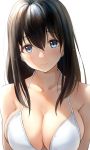  1girl 3: bare_shoulders black_hair blue_eyes blush breasts cleavage collarbone hair_between_eyes highres idolmaster idolmaster_cinderella_girls large_breasts light long_hair looking_at_viewer sagisawa_fumika solo takeya_y0615 white_bikini_top 