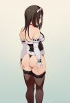  1girl ass bare_shoulders black_eyes black_hair black_panties breasts brown_legwear choker corset detached_sleeves from_behind gradient gradient_background hands_on_own_ass long_hair looking_back medium_breasts no_pants panties profile seinen simple_background solo string_panties thigh-highs thong thong_panties underbust underwear 