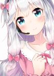  1girl aqua_eyes bow eromanga_sensei hair_bow headset izumi_sagiri long_hair looking_at_viewer pajamas pink_bow silver_hair smile sylphine upper_body 