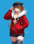  1girl adjusting_clothes adjusting_hat alternate_costume blue_eyes breasts cleavage dreamcatcher eyepatch front-tie_bikini front-tie_top fur-trimmed_jacket fur_trim hand_in_pocket hat jacket long_hair neon_genesis_evangelion partially_unzipped ponytail skindentation solo souryuu_asuka_langley thigh-highs torn_clothes torn_thighhighs 