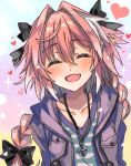  1boy blush braid casual closed_eyes fang fate/apocrypha fate_(series) hair_ribbon long_hair male_focus moze open_mouth pink_hair ribbon rider_of_black single_braid smile solo trap upper_body 