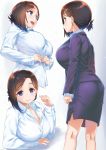  1girl :d blue_eyes blush breasts cleavage dress_shirt eyebrows_visible_through_hair getsuyoubi_no_tawawa hair_ornament hairclip highres kouhai-chan_(tawawa) large_breasts long_sleeves looking_at_viewer looking_to_the_side mole mole_under_eye multiple_views nanase_meruchi office_lady open_mouth shirt short_hair skirt smile solo unbuttoned undressing white_shirt 