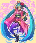  1girl andrea_cofrancesco aqua_eyes aqua_hair eyeshadow flat_chest flower full_body hair_flower hair_ornament hatsune_miku headphones japanese_clothes kimono long_hair makeup obi purple_legwear sash solo tabi thigh-highs twintails very_long_hair vocaloid wide_sleeves zettai_ryouiki 