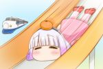  1girl =_= afterimage bangs black_hairband blue_background blunt_bangs blush chibi closed_eyes commentary_request detexted dress eyebrows_visible_through_hair eyelashes facing_viewer food food_on_head fruit fruit_on_head gradient_hair ground_vehicle hairband kanna_kamui kobayashi-san_chi_no_maidragon lavender_hair long_hair lying mandarin_orange multicolored_hair no_mouth object_on_head on_stomach pink_dress raised_eyebrows red_shoes shoes simple_background slide sliding solo speed_lines train two-tone_hair vorpal_piggy 