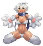  1girl :d absurdres ahoge bare_shoulders blue_scarf blush breasts cleavage dark_skin eyebrows_visible_through_hair fang foreshortening full_body fur fur_bikini green_eyes highres incoming_hug large_breasts looking_at_viewer monster_girl monster_girl_encyclopedia navel open_mouth outstretched_arms paws scarf shiny shiny_skin short_hair simple_background smile solo sookmo spread_legs thick_eyebrows white_background white_fur white_hair yeti_(monster_girl_encyclopedia) 