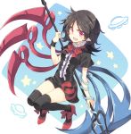  1girl black_dress black_hair black_legwear bow commentary_request dress high_heels houjuu_nue knees_together_feet_apart looking_at_viewer open_mouth pitchfork pointy_ears red_eyes red_shoes satou_kibi shoes short_hair short_sleeves solo star thigh-highs touhou ufo wings 