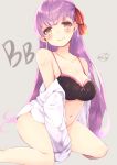  1girl bare_shoulders bb_(fate/extra_ccc) between_legs black_bra blush bow bow_bra bra breasts character_name chita_(ketchup) cleavage collarbone commentary_request eyebrows_visible_through_hair fate/extra fate/extra_ccc fate_(series) grey_background hair_ribbon hand_between_legs large_breasts long_hair looking_at_viewer navel off_shoulder open_clothes open_shirt purple_hair red_ribbon ribbon shirt simple_background sitting smile solo twitter_username underwear white_shirt yellow_eyes 