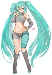  1girl aqua_eyes aqua_hair arm_warmers black_legwear crop_top full_body hair_between_eyes hatsune_miku highres kneehighs long_hair looking_at_viewer navel sachito simple_background solo standing stomach taut_clothes twintails very_long_hair vocaloid white_background 