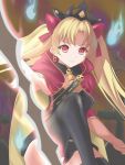  1girl blonde_hair cape earrings ereshkigal_(fate/grand_order) fate_(series) hair_ribbon highres jewelry long_hair looking_at_viewer marionette_(excle) red_cape red_eyes red_ribbon ribbon smile solo thigh-highs tohsaka_rin toosaka_rin twintails weapon 