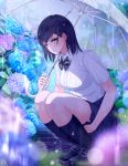  1girl bangs black_hair blue_skirt blurry blush bokeh breasts depth_of_field flower giba_(out-low) highres holding holding_skirt holding_umbrella hydrangea legs_together loafers looking_at_viewer medium_breasts navy_blue_legwear original outdoors parted_lips pleated_skirt rain ribbed_legwear school_uniform shoes short_sleeves skirt solo squatting umbrella yellow_eyes 