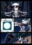  1girl bionekojita black_cerulean_(kemono_friends) black_hair blue_eyes bucket_hat closed_mouth comic hair_between_eyes hat hat_feather iron_man_(comics) japari_symbol kaban_(kemono_friends) kemono_friends marvel night outdoors outstretched_arms power_suit single_eye spread_arms standing 