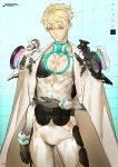  1boy alpha_go alphago black_gloves blonde_hair blue_eyes bodysuit cape character_name cowboy_shot gloves google hand_on_own_chest jacket_on_shoulders looking_at_viewer personification revealing_clothes short_hair signature smile yang-do 