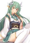  1girl absurdres bangs closed_mouth eyebrows_visible_through_hair fan fate/grand_order fate_(series) folding_fan green_hair hand_up highres holding holding_fan horns japanese_clothes kiyohime_(fate/grand_order) legs_together long_hair maosame sash simple_background sitting smile solo thigh-highs thighs white_background white_legwear yellow_eyes 